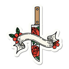 tattoo sticker with banner of a dagger and flowers