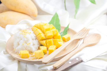 fresh ripe mango and sticky rice with coconut milk, authentic Thai dessert high resolution