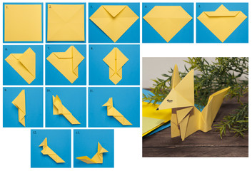 A step-by-step photo guide on how to make a fox using the origami technique. DIY concept....