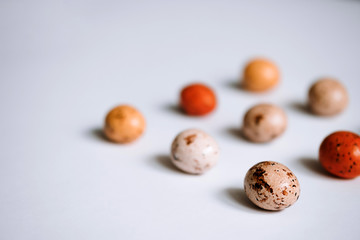 Close-up quail eggs pattern on a white background. Easter concept, flay lay photo, space for text.