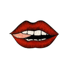hand drawn watercolor isolated red lips with white teeth and tongue on a white background.