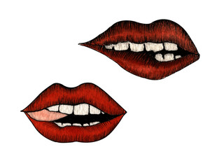 hand drawn watercolor set of two isolated red lips on a white background.