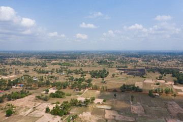 Fototapeta na wymiar Landscape of the ricefields and rice terrace , egallalang near Kampot in Cambodia in southeastasia . Aerial drone view.
