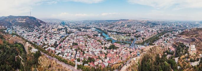 Tbilisi, Georgia. Panoramic beautiful picture of Cityscape Of Summer Old Town. Central Part Of City With Famous Landmarks.