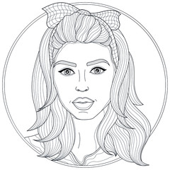 Girl with a bandana on her head.Coloring book antistress for children and adults. Illustration isolated on white background.Zen-tangle and doodle style. Black and white drawing