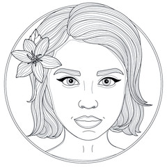 Beautiful girl with a flower in her hair. Coloring book antistress for children and adults. Illustration isolated on white background.Zen-tangle and doodle style. Black and white drawing