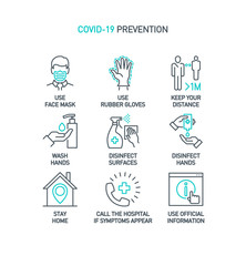 Prevention line icons set isolated on white. outline symbols Coronavirus Covid 19 pandemic banner. Quality design elements mask, gloves, distance, wash disinfect hands, stay home with editable Stroke