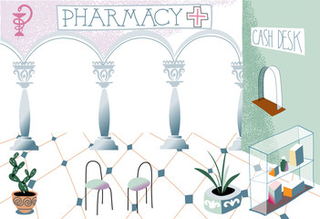 Vector interior design pharmacy or drugstore