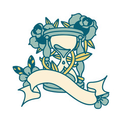 tattoo with banner of an hour glass and flowers