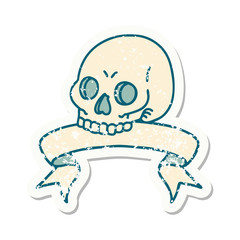 grunge sticker with banner of a skull