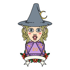 elf mage character with natural twenty dice roll illustration