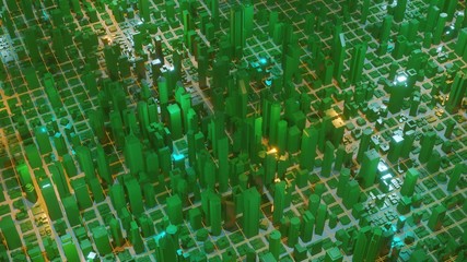 Abstract 3d city rendering with lines and digital elements. Digital skyscrapers. Technology concept. Perspective architecture. 3d rendering.