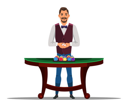 Vector character man casino dealer holds cards