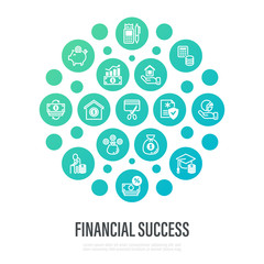 Financial success in circle shape. Track expenses, budget, emergency fund, credit card, home ownership, invest, fund college, retire, financial hygiene, Thin line icons. Vector illustration.