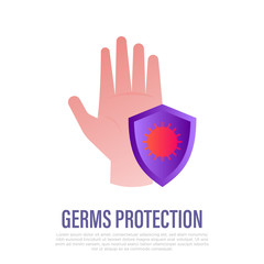 Germs protection from microbes, virus: hand with shield. Hygiene for prevention COVID-19. Gradient icon. Healthcare and medical vector illustration.