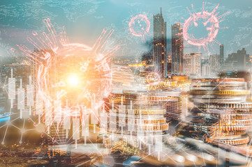 Double Exposure of graphical and stock candle decreasing with virus during virus outbreak and affected economic growth