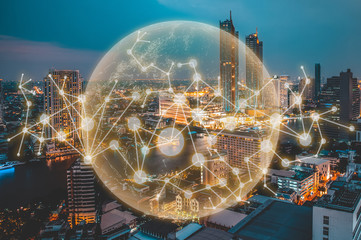 Wireless Network City concept, with line connecting together, modernize an internet of things era connecting everything in city background of metropolis city urbanize