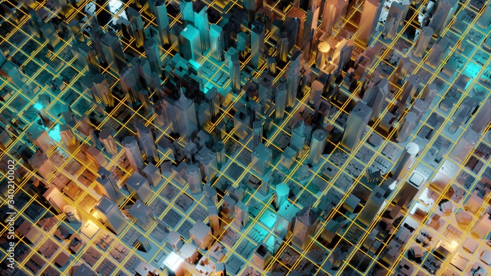 Poster digital abstract city made of glowing line light. business skyscrapers. architectural technology str