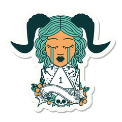 crying tiefling with natural one D20 dice roll sticker