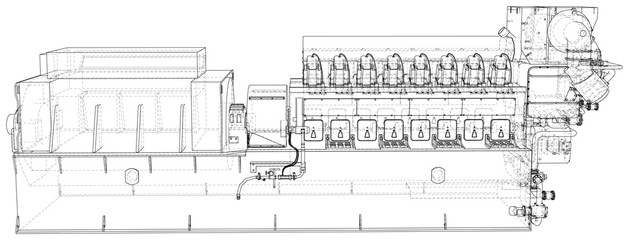 High voltage industrial standby dieasel generator at a power generation. The layers of visible and invisible lines are separated. EPS10 format. Wire-frame.