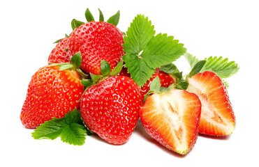 Strawberry Fruit - Strawberries with Leaves isolated on white Background