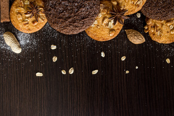 flat lay for a french cafe. oatmeal cookies are on the table. cookies on a wooden background. place for text