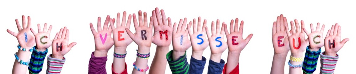Children Hands Building Colorful German Word Ich Vermisse Euch Means I Miss You. White Isolated Background