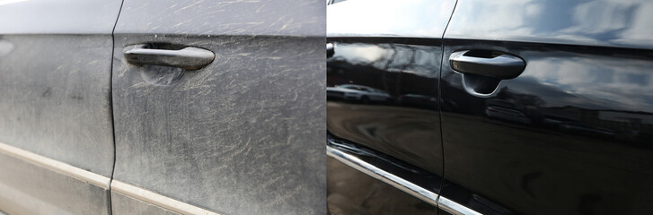 car door before and after washing close up
