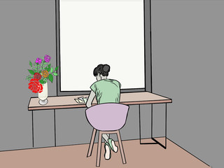 Concept of work from home.Hand drawn cartoon character stay and work at table top,in front of window,blurred atmosphere in botanical garden as outside view,creative with illustration progress.