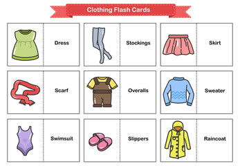 Clothing Flash Cards - Woman and man clothes and accessories collection.