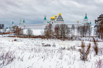 Panorama of the resurrection new Jerusalem Stavropol monastery in the city of Istra, on a cloudy winter day. New Jerusalem, Istra, Russia