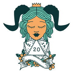 tiefling with natural twenty dice roll illustration