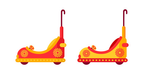 Funny multicolored bump car, childrens cars amusement park flat. Carousel cartoon toy racing. Festivals outdoor summer kid fun time. Isolated vector illustration