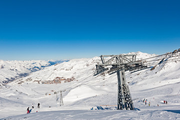 Panoramic view down snow covered valley in alpine mountain range