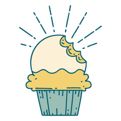 traditional tattoo style cupcake with missing bite