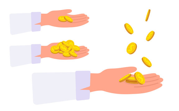 Gold coin in hand flat cartoon set. Cash payments concept. Businessman hands takes money. Showing pay, giving cash, golden pennies fly. Template for financial projects. Vector illustration