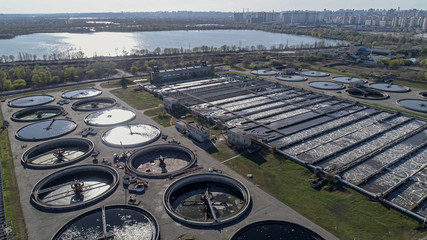 Aerial picture. Wastewater treatment plant. Cleaning water reservoirs. Sewage wastewater cleaning plant. 