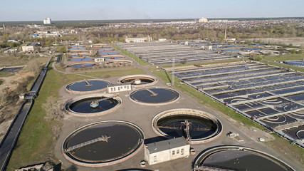 Aerial picture. Wastewater treatment plant. Cleaning water reservoirs. Sewage wastewater cleaning plant. 