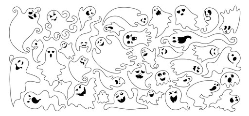 Ghost flat black line silhouette set. Simple Halloween collection cute and scary ghostly monsters. Outline joyful spooky funny comic character. Linear monochrome ghosts. Contour vector illustration