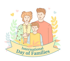 International day of Families with flower wreath. Mom dad and son. Card for International Family Day cartoon outline style. Family portrait, happy people. Vector illustration