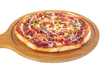 Homemade pizza on the wooden board isolated on a white