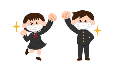 マスクを付けた学ラン・セーラー服姿の学生（デフォルメカラー）
