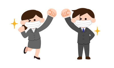 マスクとスーツ姿の会社員・就活生男女（デフォルメカラー）