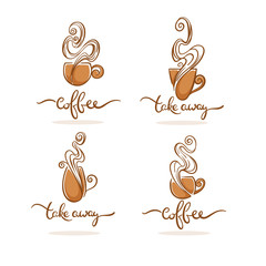 Coffee shop and ctake away coffee logo. Vector collection of hot and sweet drinks symbols and emblems