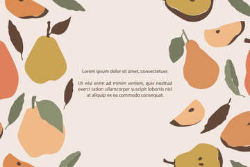 Pear classic background with hand-drawn colorful fruit icons with leaves and text. Nature plant illustration.