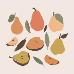 Pear icons set with leaves. Nature colorful fruit symbols of yellow, orange colors isolated on light bacground. Flat hand-drawn food templates illustration.