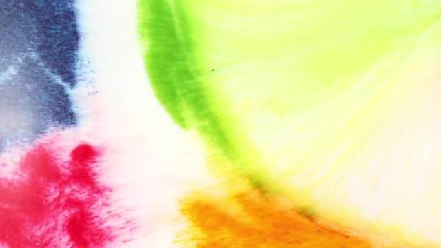 Abstract colours pink, yellow, green and blue, the paint is poured with a still thick multi-colored liquid from different sides in the milk. Bright textures and stains of thick fluid mix in the paint.