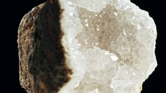 Large crystals of rhinestone quartz, rock-crystal black background. macro