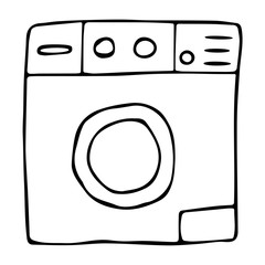 Vector illustration of a washing machine for washing and drying clothes. Hand-drawn in Doodle style, black outline on isolated white background