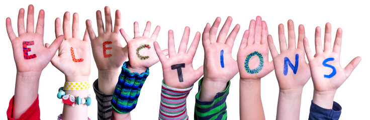 Children Hands Building Colorful Word Elections. White Isolated Background
